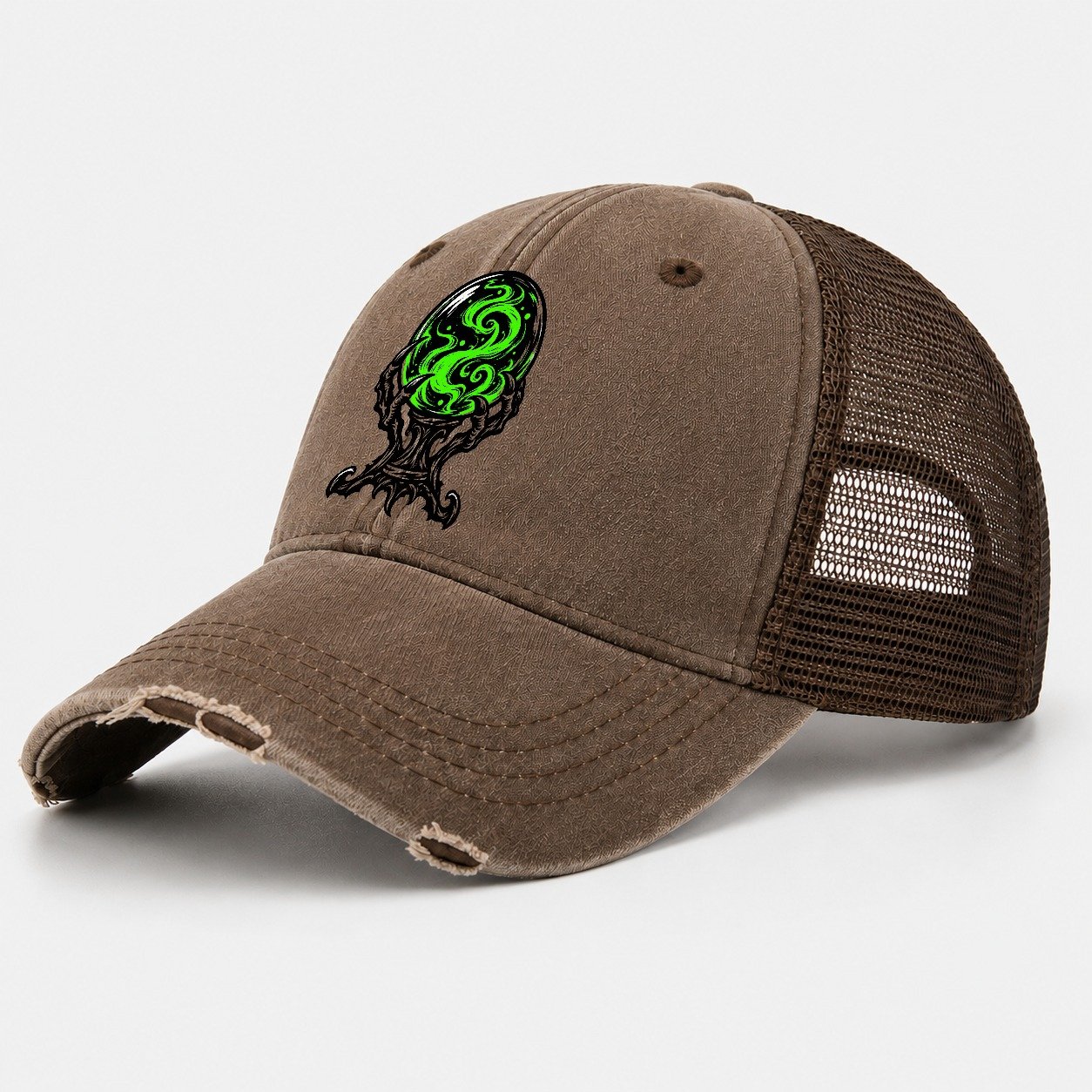Crystal Ball On A Claw Stand Witch Magic Washed Trucker Hat – Coffee