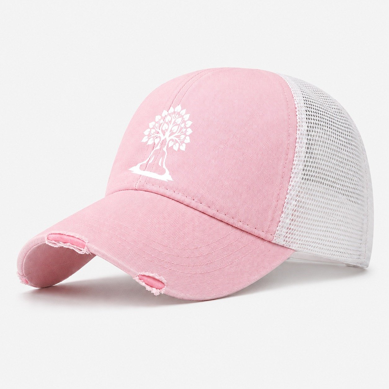 Buddha Silhouette Meditating Negative Space Forms Bodhi Tree Washed Trucker Hat – Light Pink
