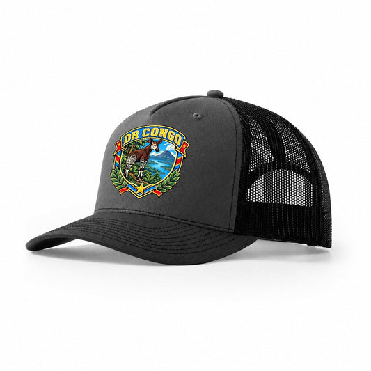 Dr Congo Retro Badge Country Logos Trucker Hat – Dark Grey Black
