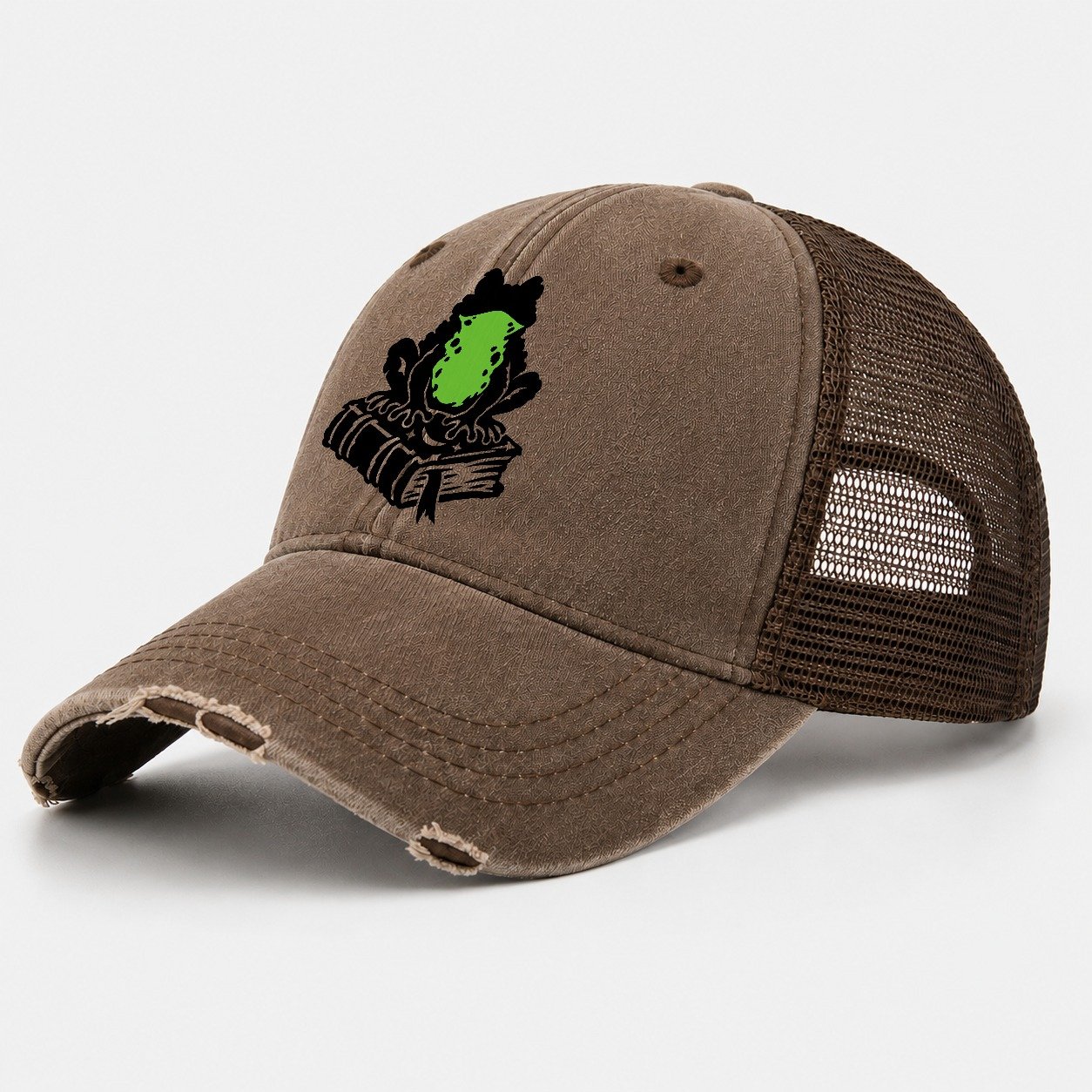 Familiar Toad On A Spellbook Witch Magic Washed Trucker Hat – Coffee