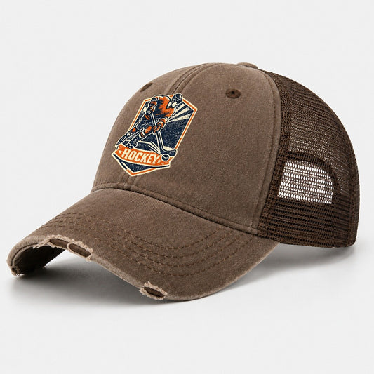 Vintage Screenprint Ice Hockey Player Washed Trucker Hat – Coffee