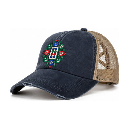 Eight Dot Bloom Mahjong Game Night Women's Ponytail Trucker Hat – Navy Khaki