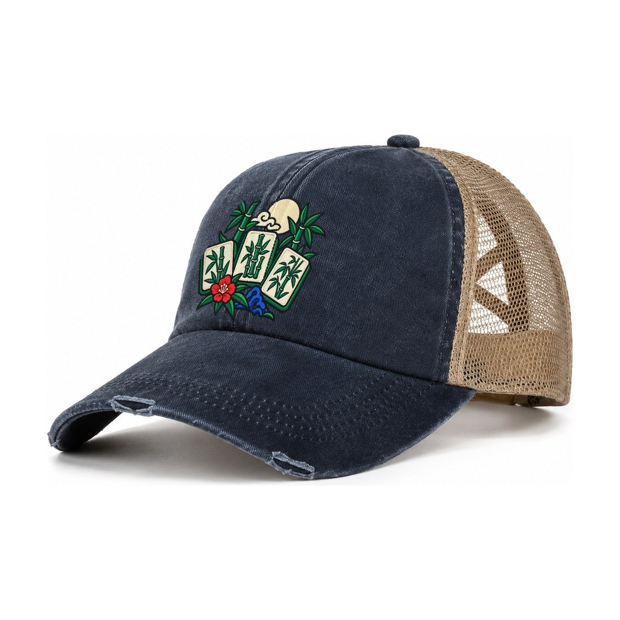 Bamboo Garden Mahjong Game Night Women's Ponytail Trucker Hat – Navy Khaki