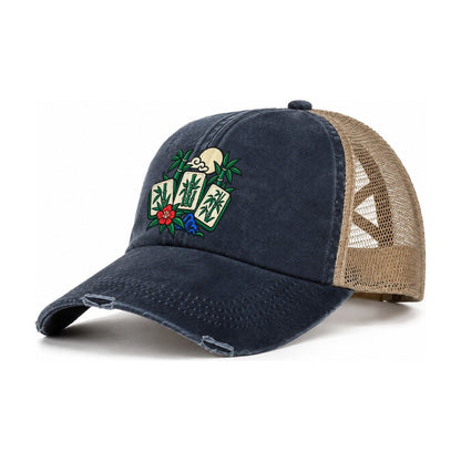 Bamboo Garden Mahjong Game Night Women's Ponytail Trucker Hat – Navy Khaki