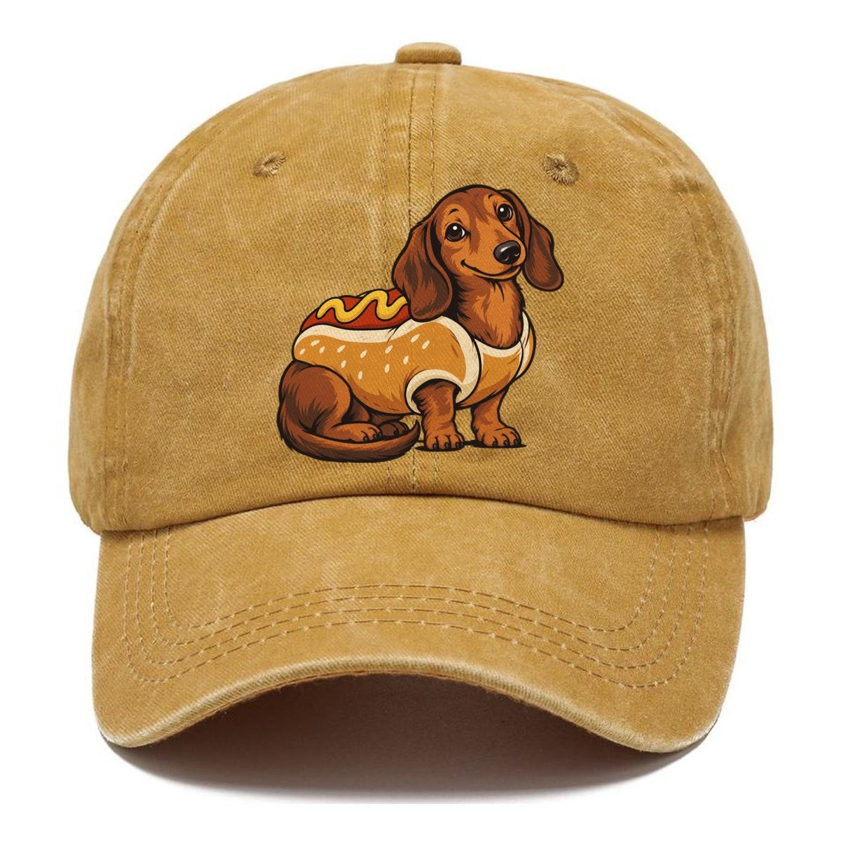 One Dachshund In Halloween Costume Hot Dog Bun Costume With Mustard Squiggle Halloween Dog Parade Classic Cap – Golden Harvest
