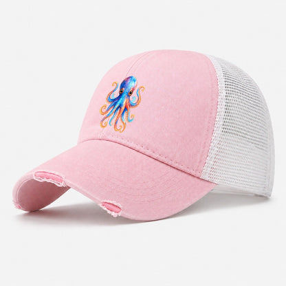 Octopus Cute Washed Trucker Hat – Light Pink
