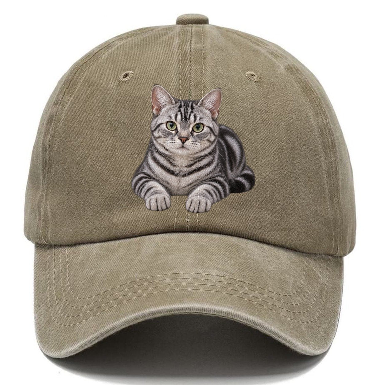 American Shorthair Reclining Paws Forward Realistic Cat Portrait Classic Cap – Warm Sand