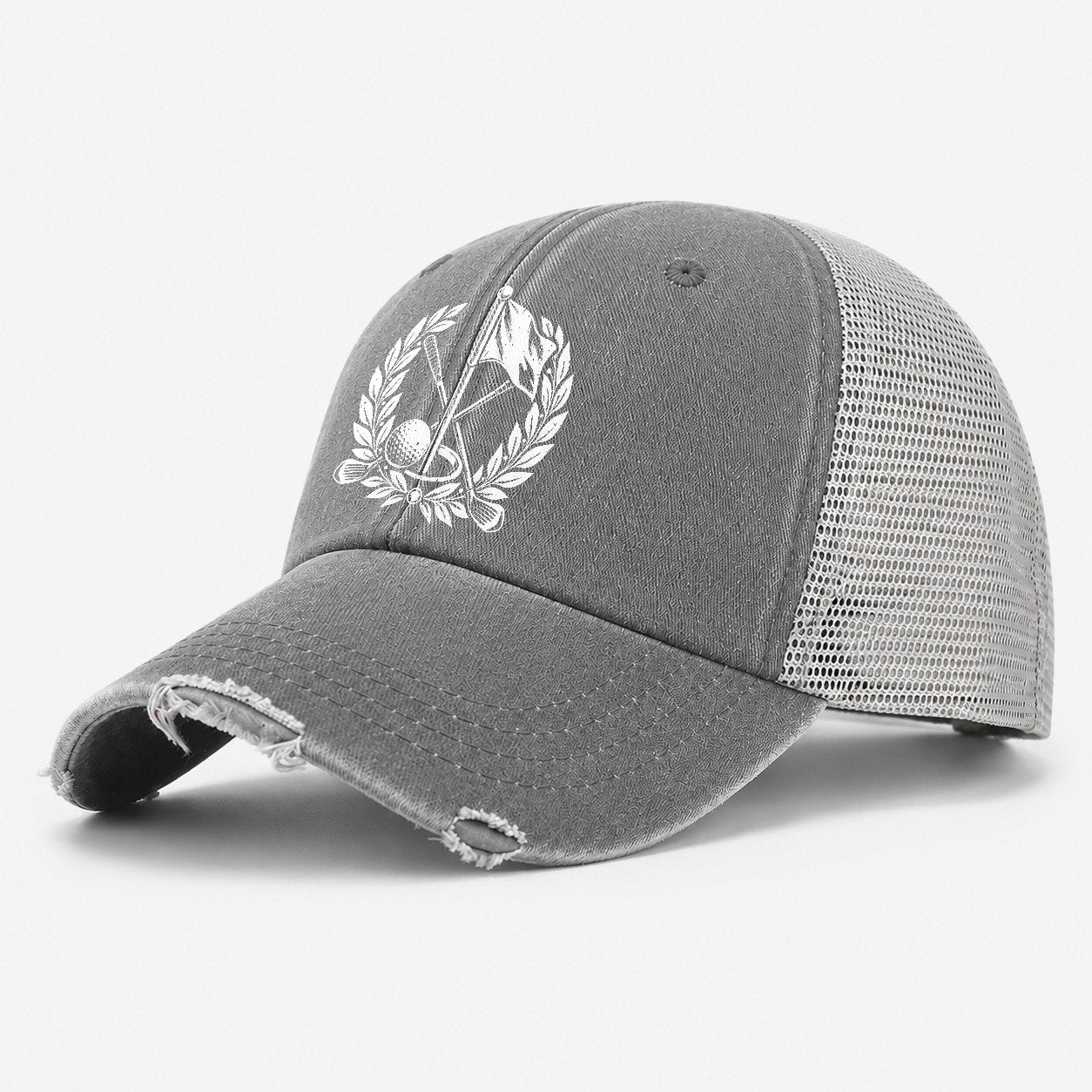 Flag And Ball Crest Golf Life Washed Trucker Hat – Grey