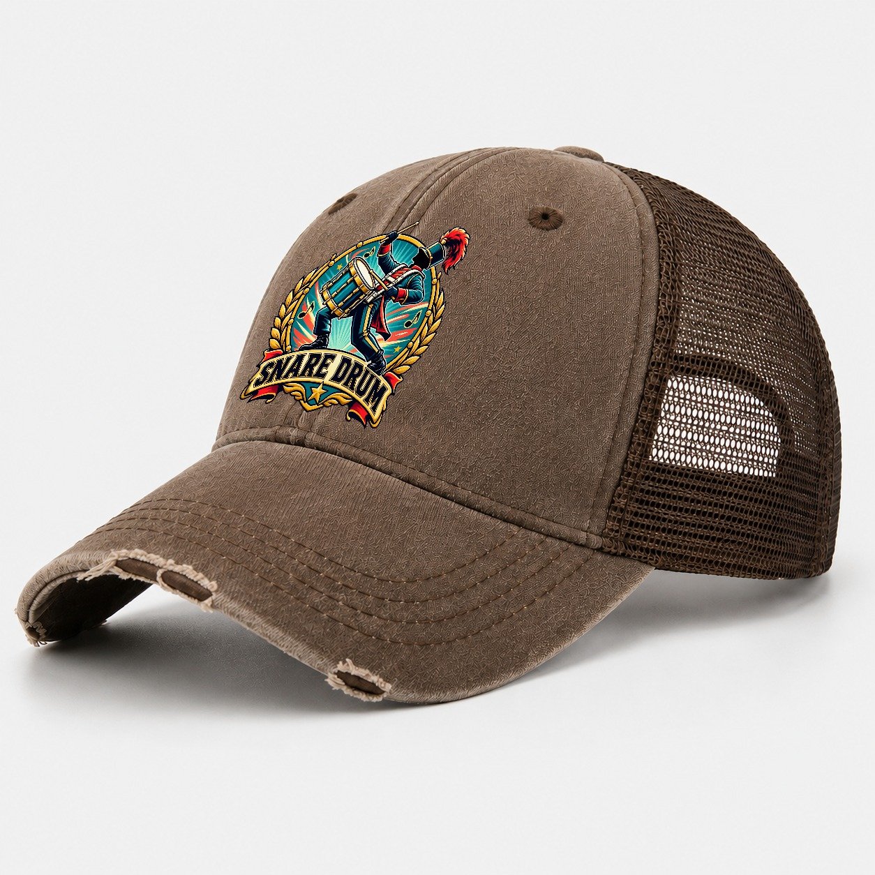 Snare Drum Crest Music Instruments Washed Trucker Hat – Coffee