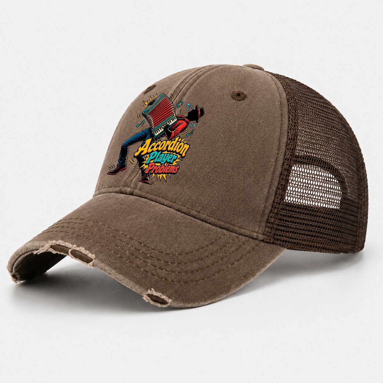 Accordion Player Problems Music Instruments Washed Trucker Hat – Coffee