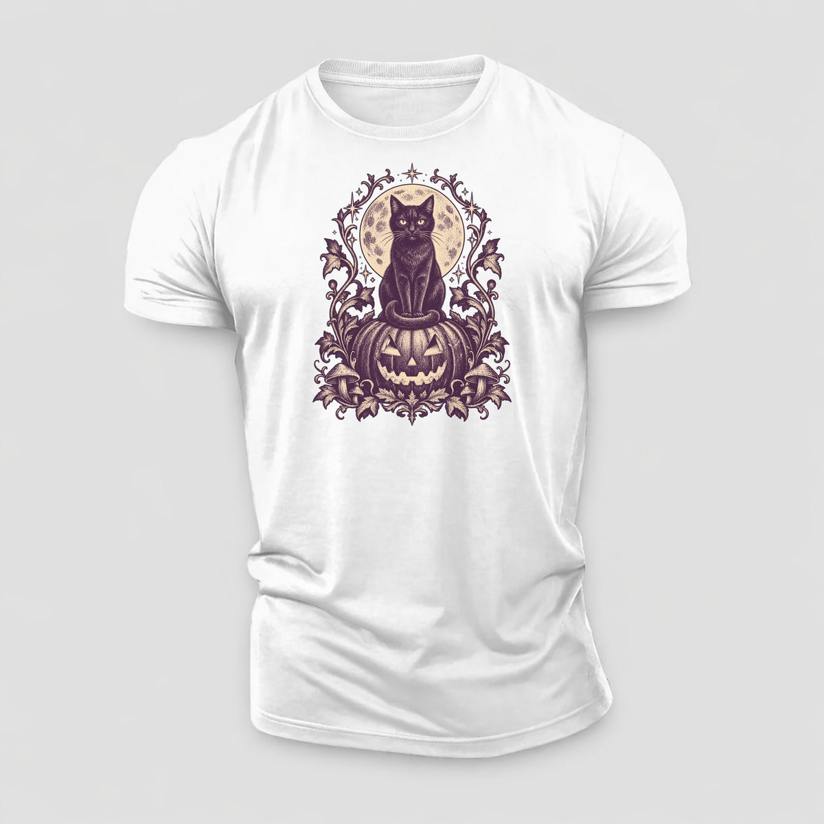 A Black Cat Sitting Upright On Top Of A Large Carved Jack O Lantern Tail Curled Around Its Paws A Full Moon Glowing Behind It Wordless Single Hue Gothic Engraving Portrait Midnight Haunt Cotton T-Shirt – White