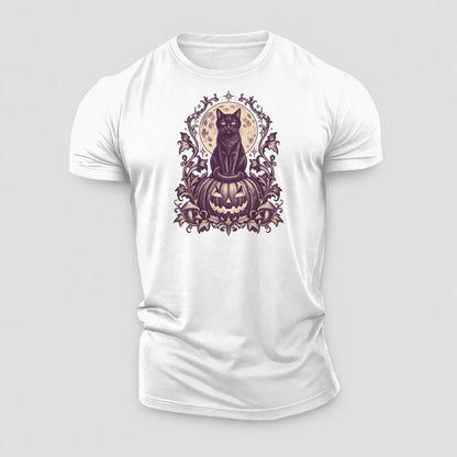A Black Cat Sitting Upright On Top Of A Large Carved Jack O Lantern Tail Curled Around Its Paws A Full Moon Glowing Behind It Wordless Single Hue Gothic Engraving Portrait Midnight Haunt Cotton T-Shirt – White