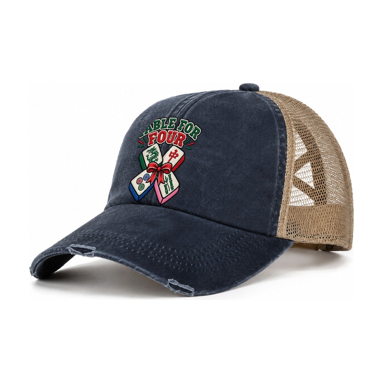Table For Four Mahjong Game Night Women's Ponytail Trucker Hat – Navy Khaki