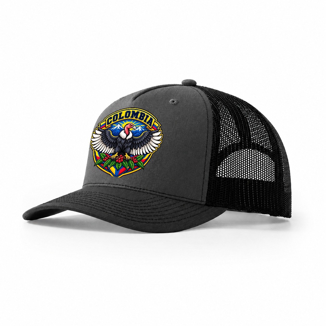 Colombia Retro Badge Country Logos Trucker Hat – Dark Grey Black