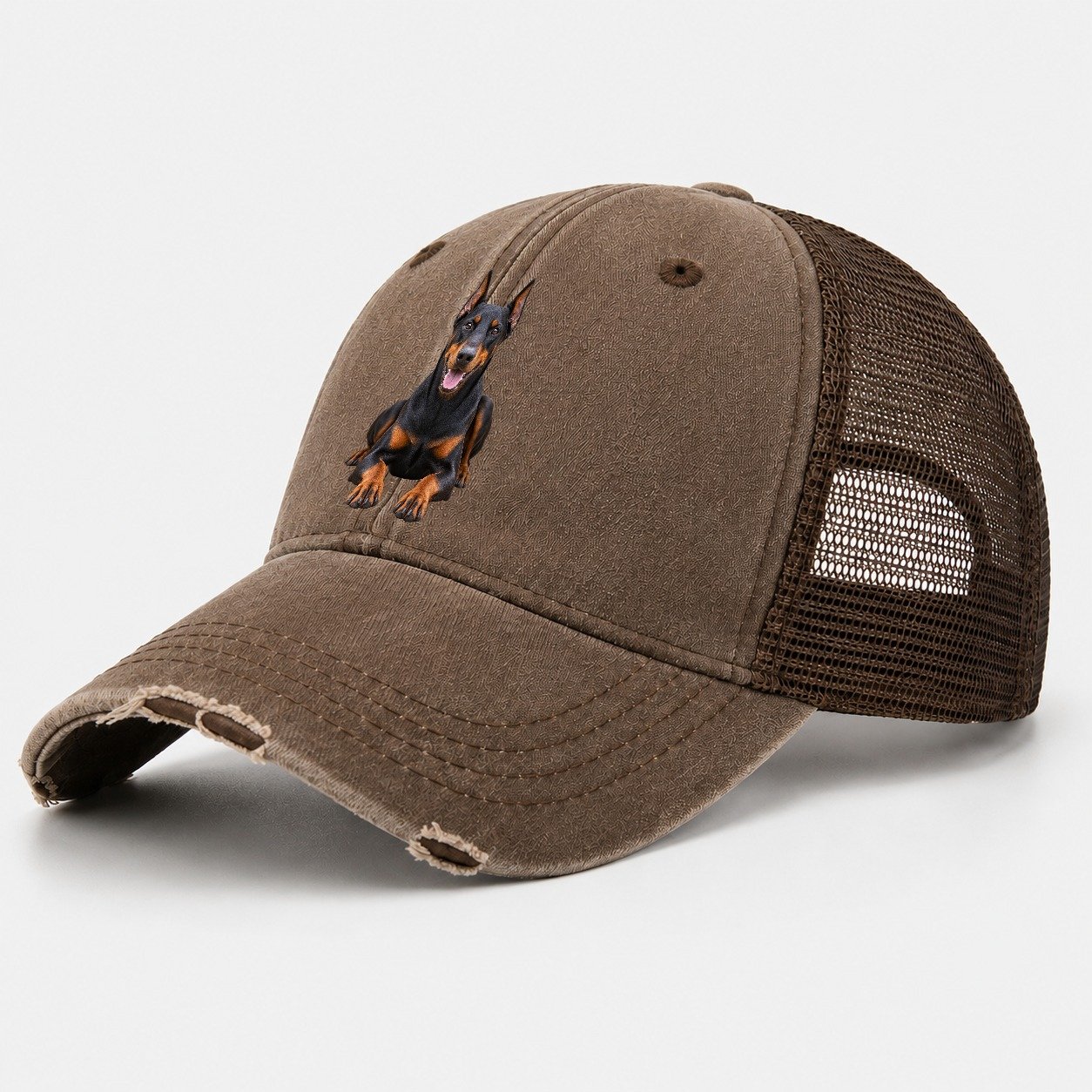 Doberman Pinscher Sitting Top Breeds Washed Trucker Hat – Coffee