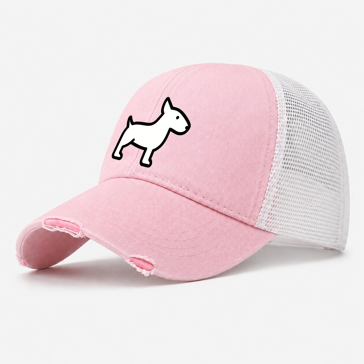 Bull Terrier White Egg Shaped Head Flat Side Profile Washed Trucker Hat – Light Pink