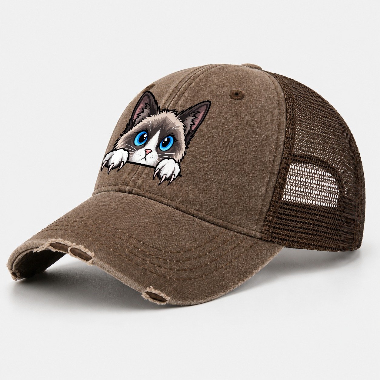 Snowshoe Cat Peeking Peeking Cats Washed Trucker Hat – Coffee
