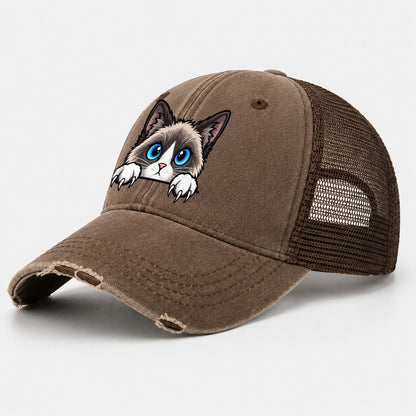 Snowshoe Cat Peeking Peeking Cats Washed Trucker Hat – Coffee