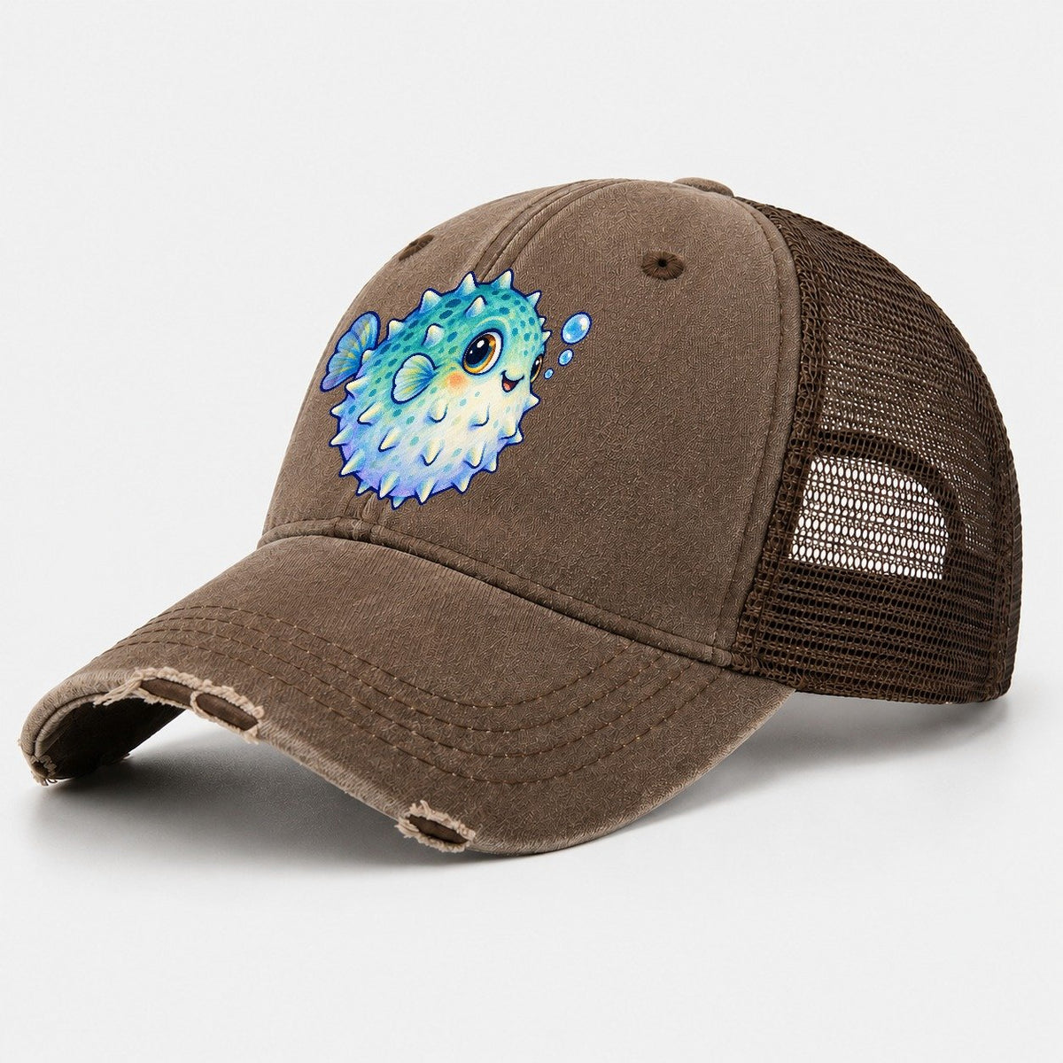 Pufferfish Side Puff Sea Sprite Washed Trucker Hat – Coffee