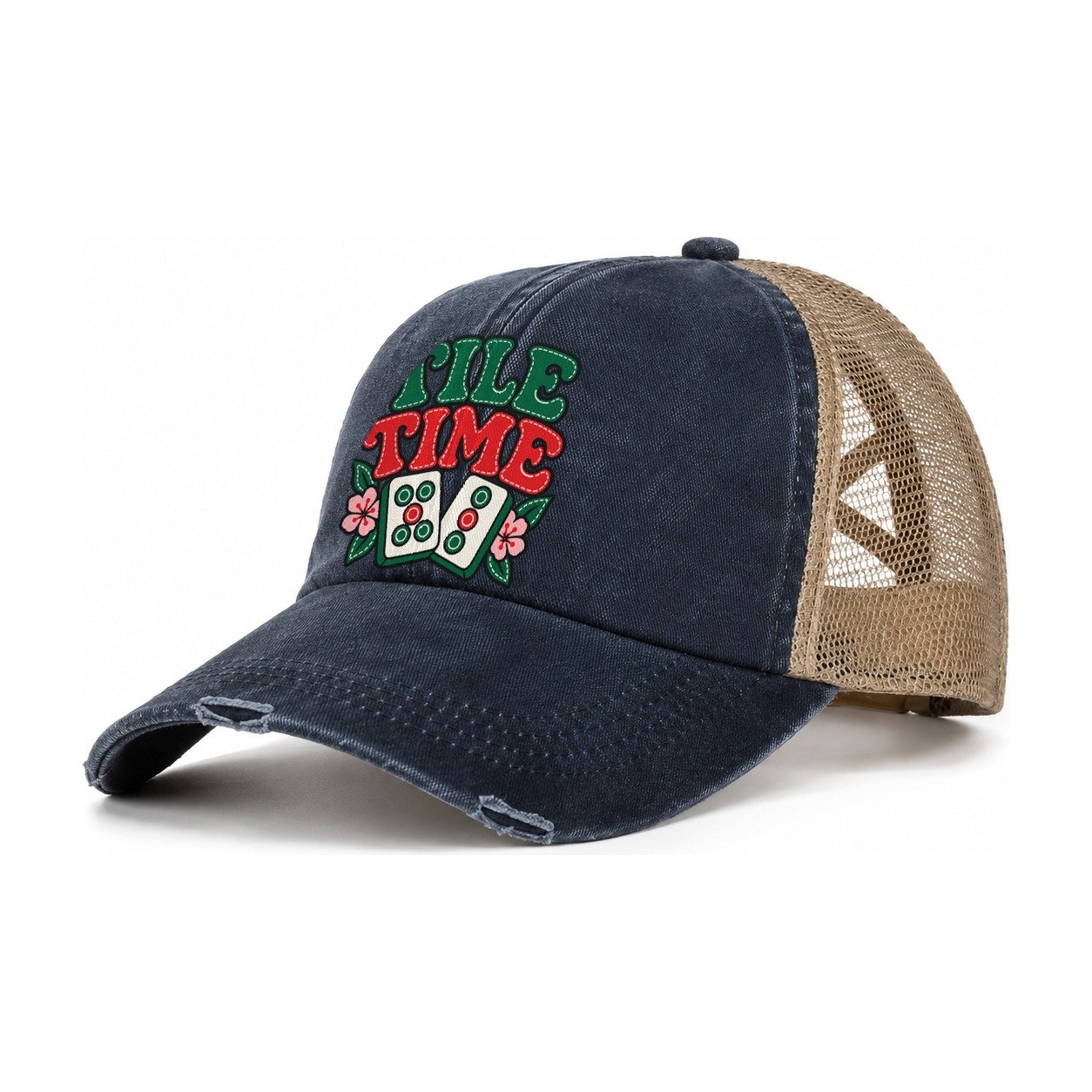 Tile Time Mahjong Game Night Women's Ponytail Trucker Hat – Navy Khaki