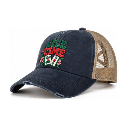 Tile Time Mahjong Game Night Women's Ponytail Trucker Hat – Navy Khaki