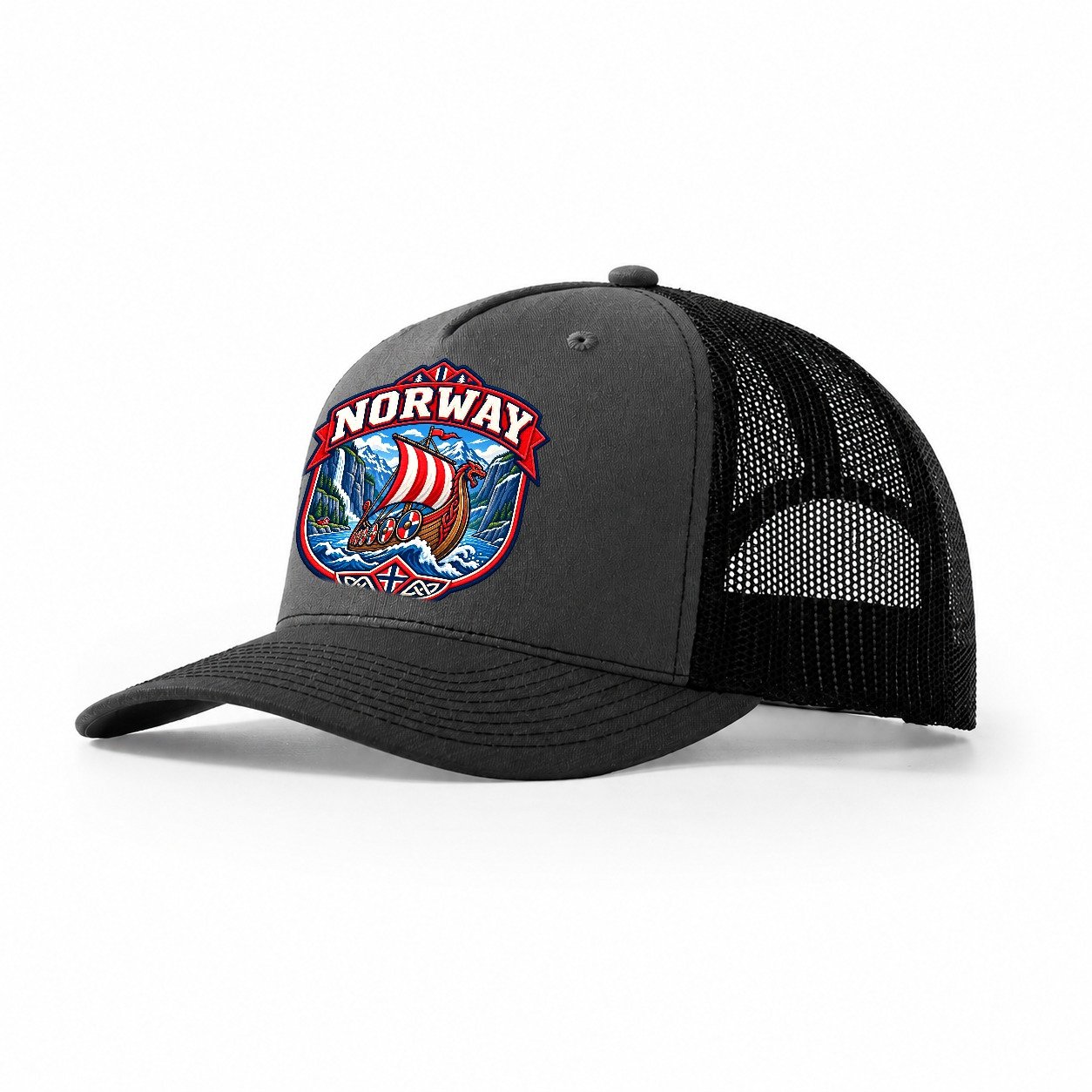 Norway Retro Badge Country Logos Trucker Hat – Dark Grey Black