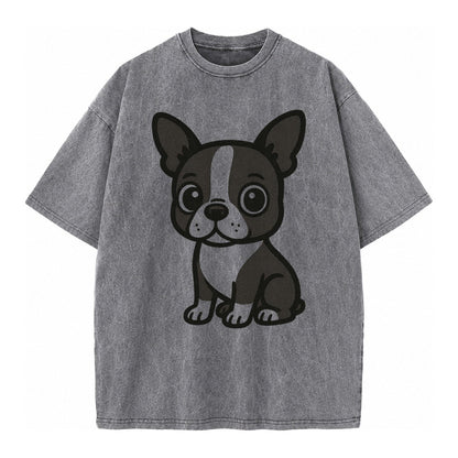 Boston Terrier Black And White Sitting Pose With Tuxedo Mark Vintage T-shirt – Grey