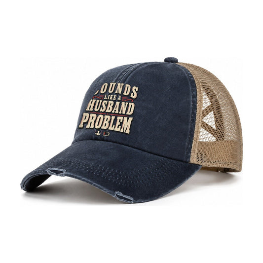 Sounds Like A Husband Problem American Wit Women's Ponytail Trucker Hat – Navy Khaki