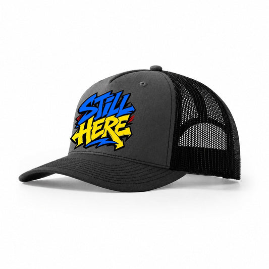 Still Here Tee Graphic Trucker Hat – Dark Grey Black