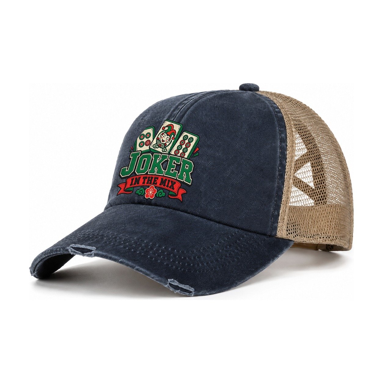 Joker In The Mix Mahjong Game Night Women's Ponytail Trucker Hat – Navy Khaki