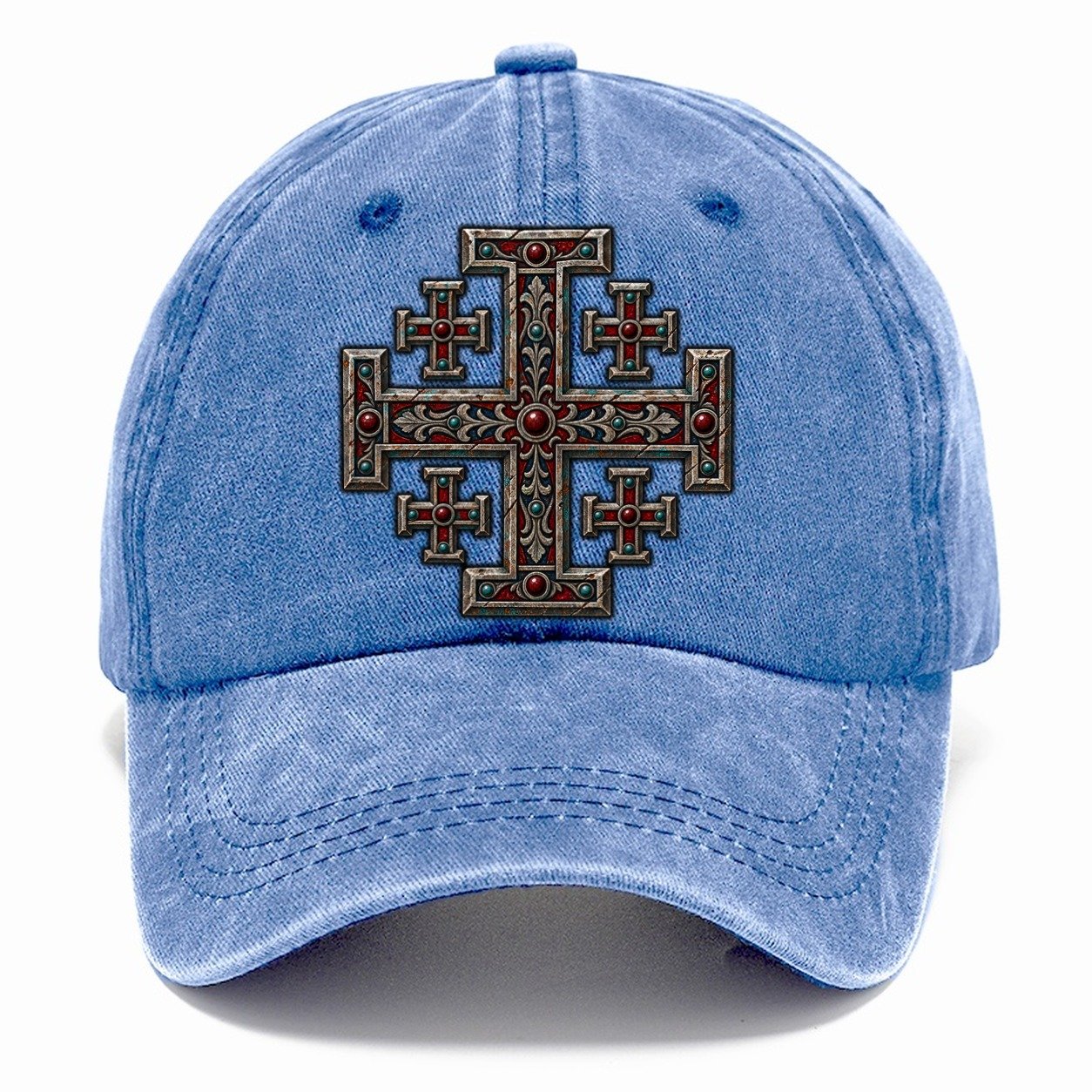Engraved Silver Reliquary Panel Jerusalem Cross Classic Cap – Summer Sky