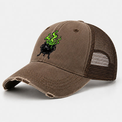Bubbling Cauldron Witch Magic Washed Trucker Hat – Coffee