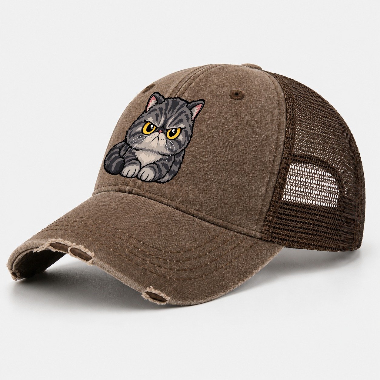 Exotic Shorthair Grumpy Sit Peeking Cats Washed Trucker Hat – Coffee
