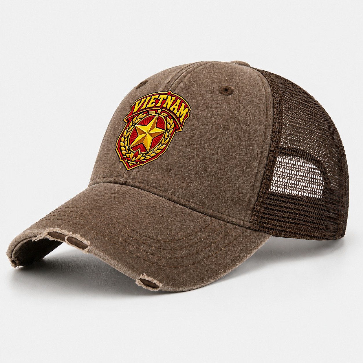 Vietnam Retro Badge Country Logos Washed Trucker Hat – Coffee