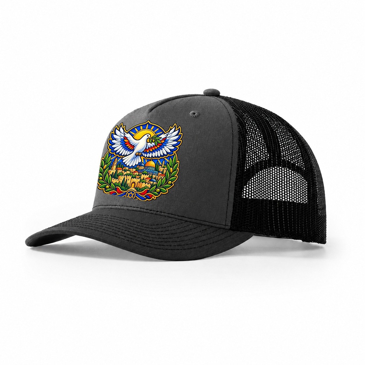 Dove Over The City Jerusalem Trucker Hat – Dark Grey Black