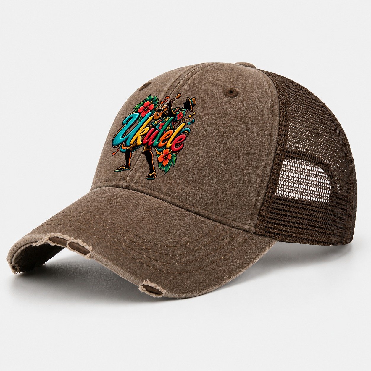 Ukulele Wordmark Music Instruments Washed Trucker Hat – Coffee