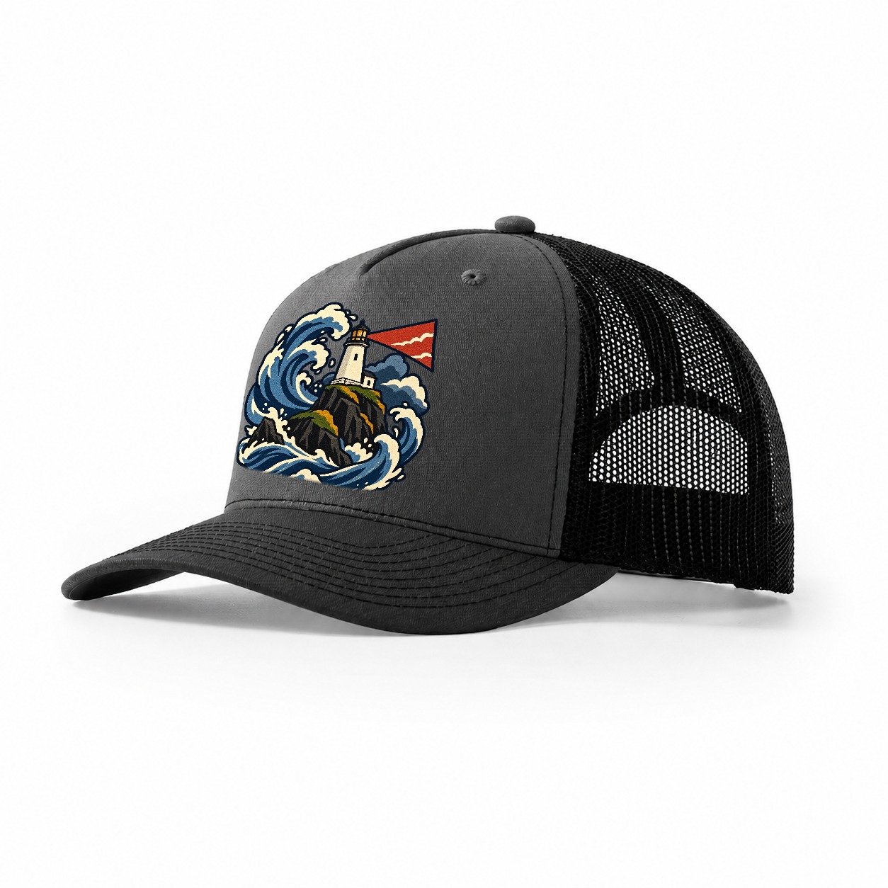 Hebridean Lighthouse And Storm Wave Uk Culture Heritage Trucker Hat – Dark Grey Black