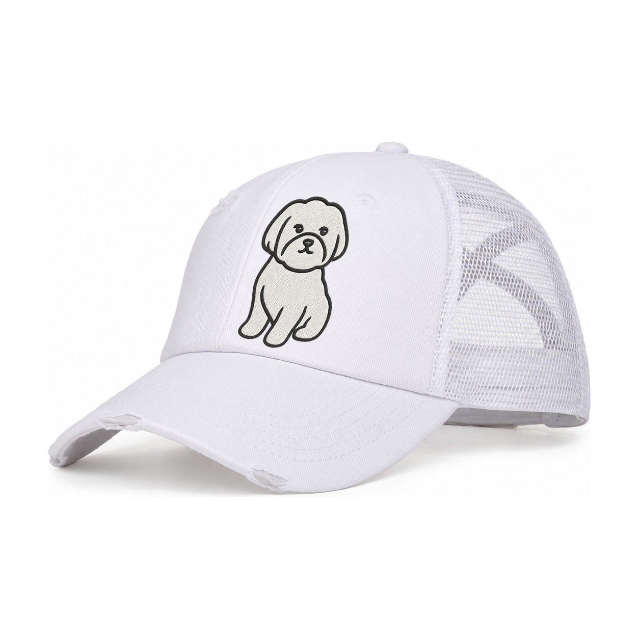 Maltese Pure White Fluffy Embroidered Design Women's Ponytail Trucker Hat – White White