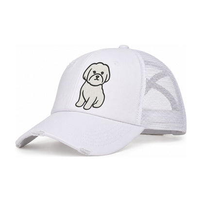 Maltese Pure White Fluffy Embroidered Design Women's Ponytail Trucker Hat – White White