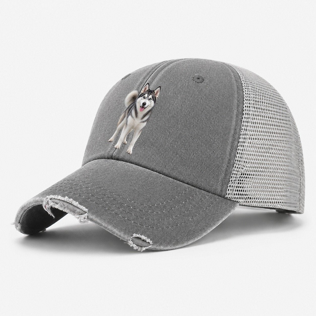 Siberian Husky Standing Top Breeds Washed Trucker Hat – Grey