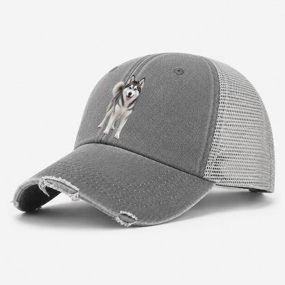 Siberian Husky Standing Top Breeds Washed Trucker Hat – Grey