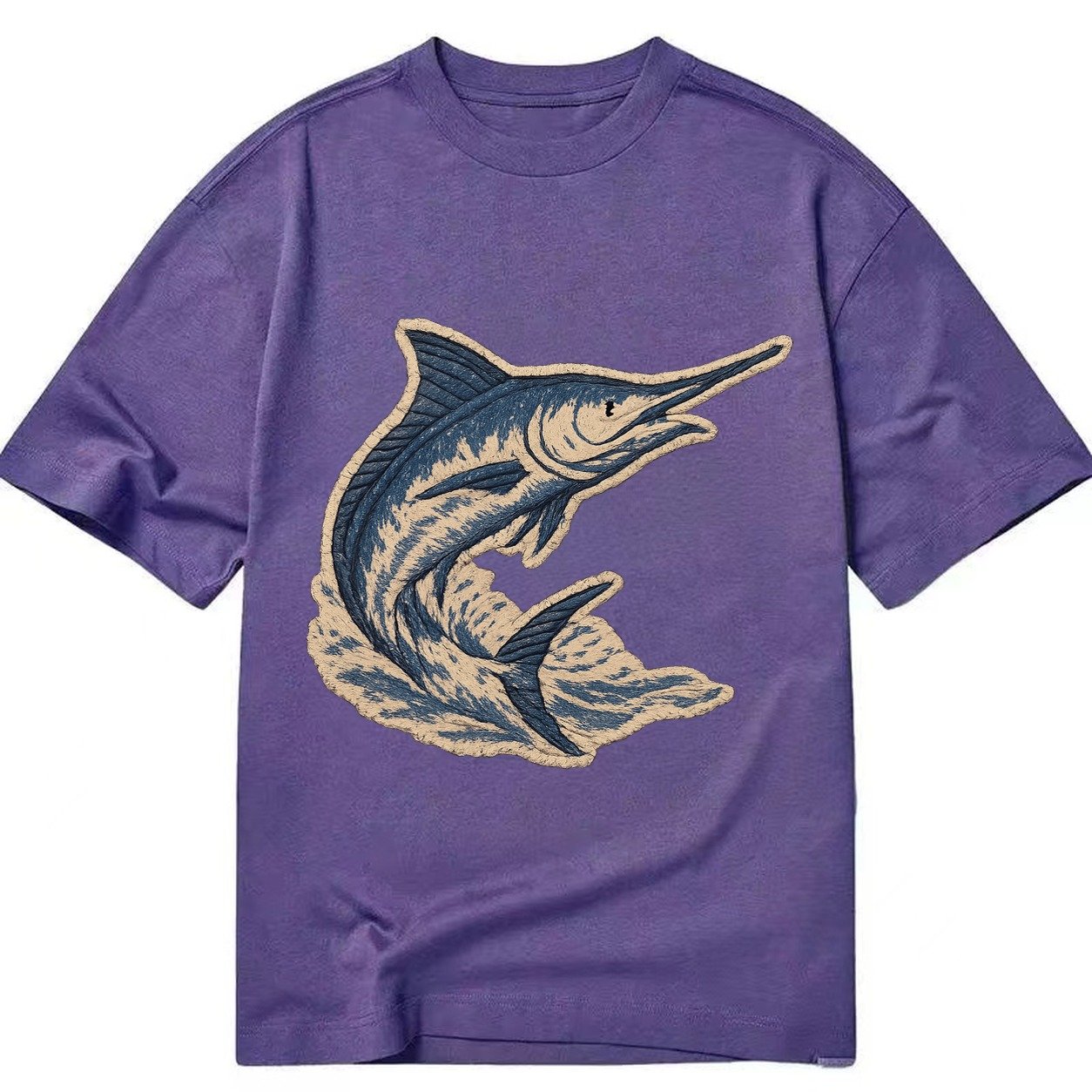 Embroidered Patch Design Swordfish Marlin Leaping Marlin In Classic T-shirt – Purple