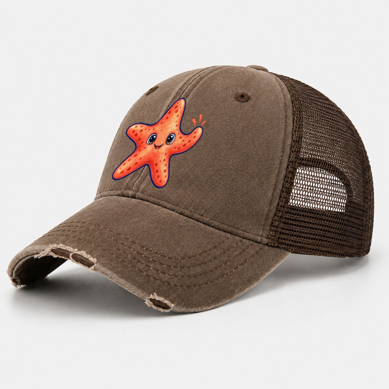 Starfish Front Cheer Sea Sprite Washed Trucker Hat – Coffee