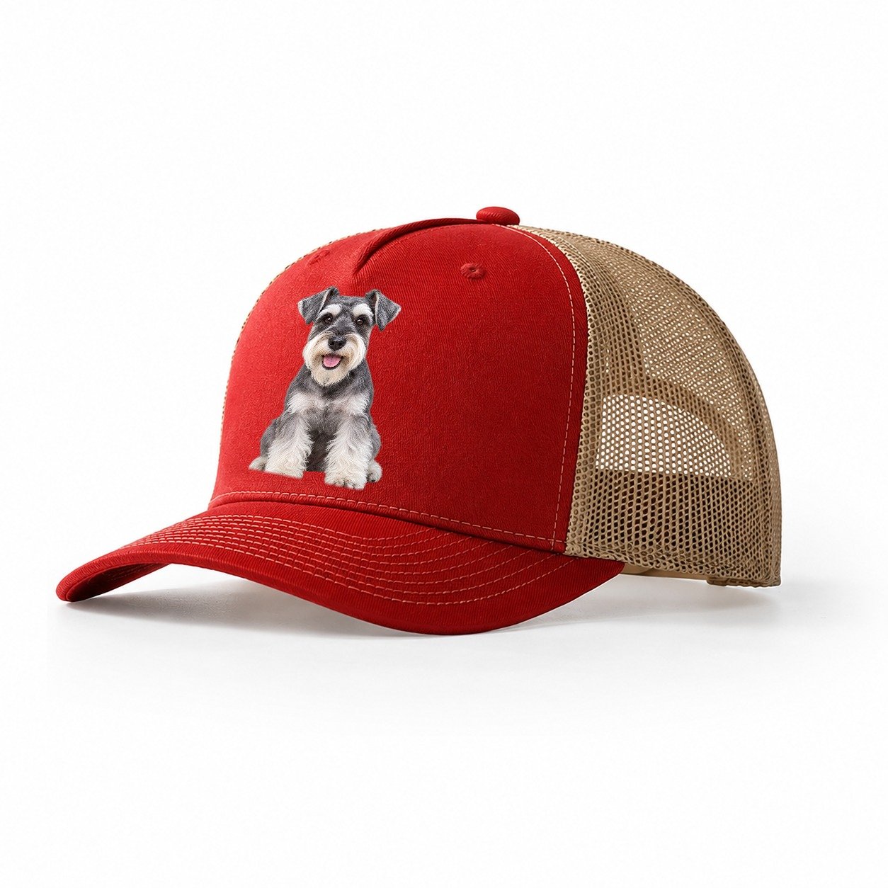 Miniature Schnauzer Sitting Top Breeds Trucker Hat – Red Khaki