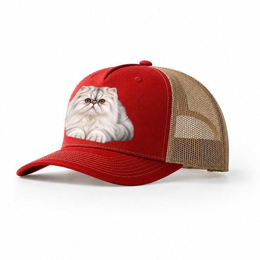 Persian Reclining Paws Forward Realistic Cat Portrait Trucker Hat – Red Khaki