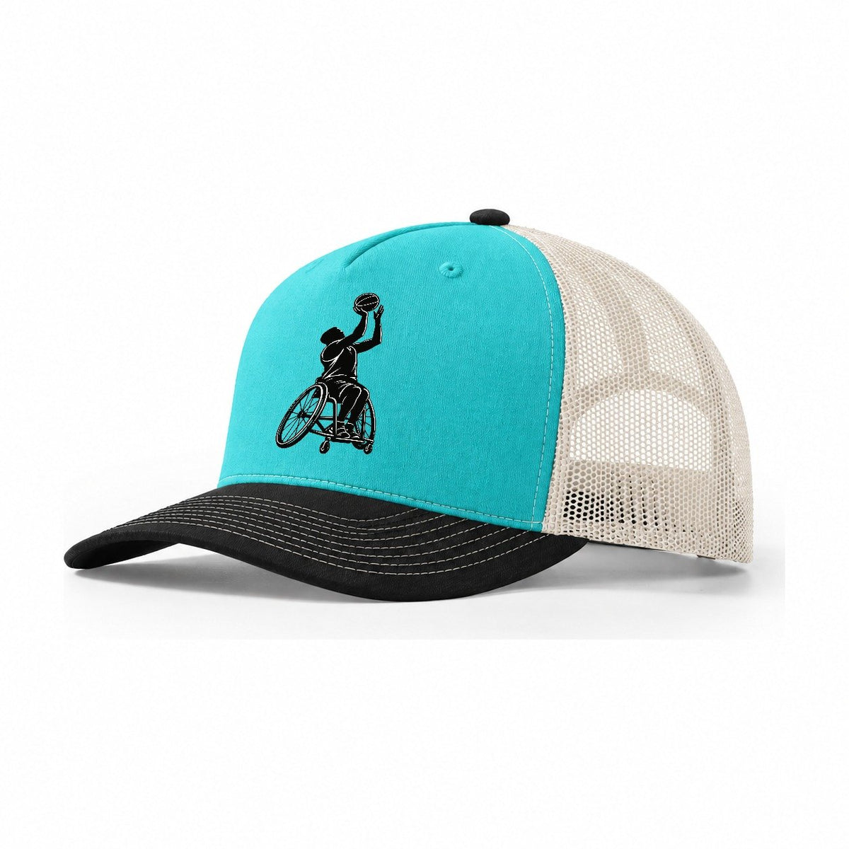 Wheelchair Basketball Player Trucker Hat – Aqua Black White