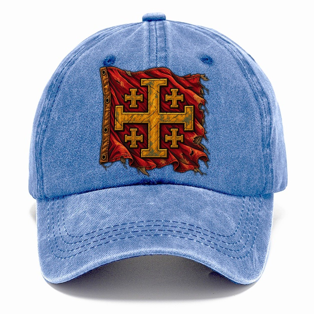 Sun Bleached Linen Flag Jerusalem Cross Classic Cap – Summer Sky