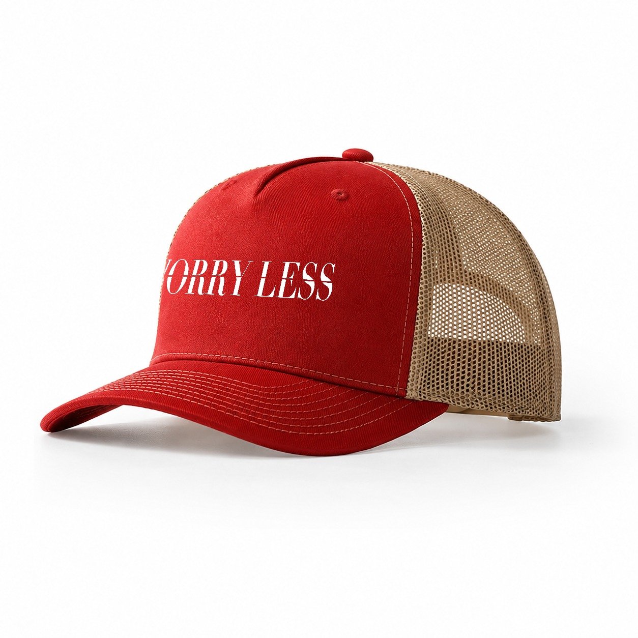 Worry Less Sorry Less Split Feelings Trucker Hat – Red Khaki