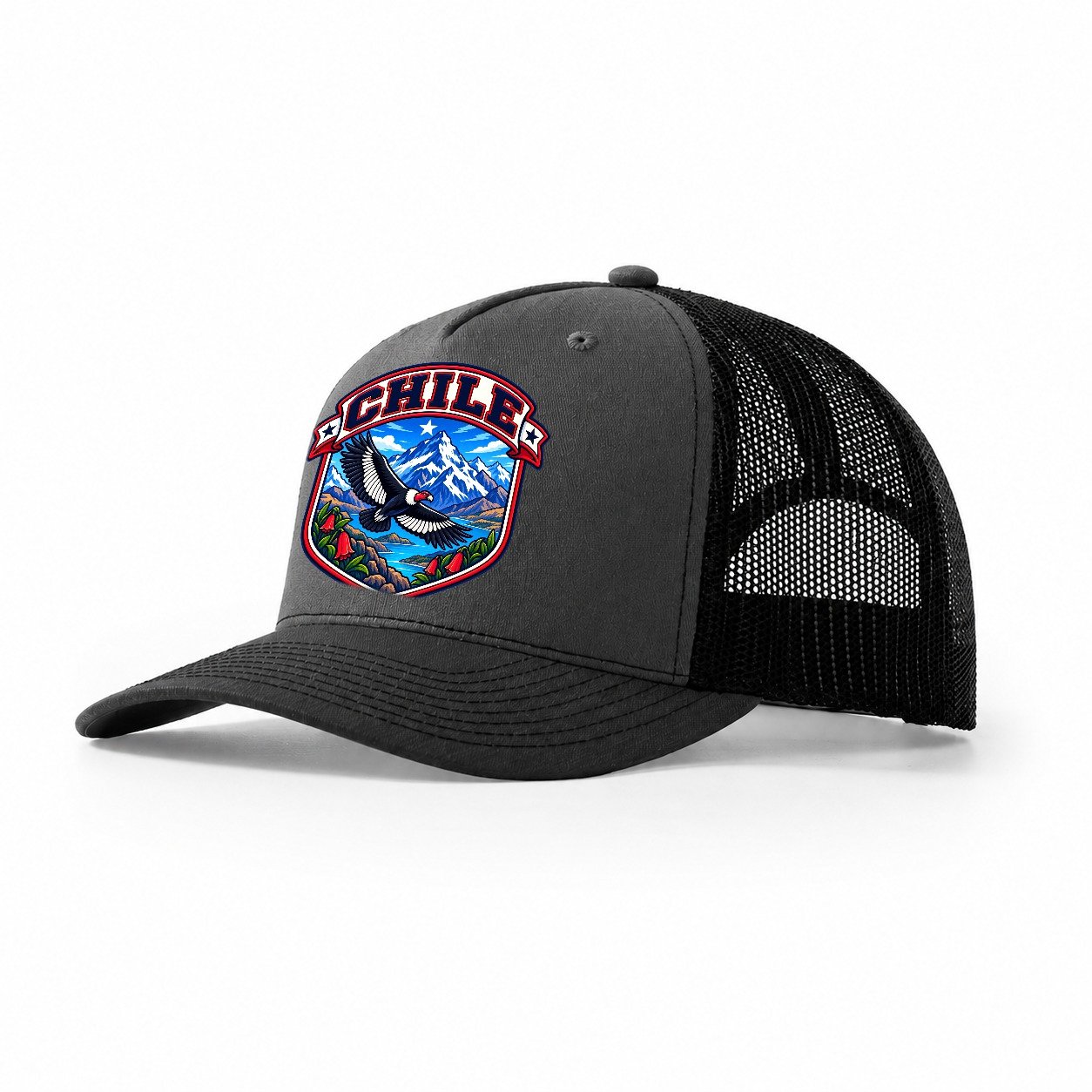 Chile Retro Badge Country Logos Trucker Hat – Dark Grey Black