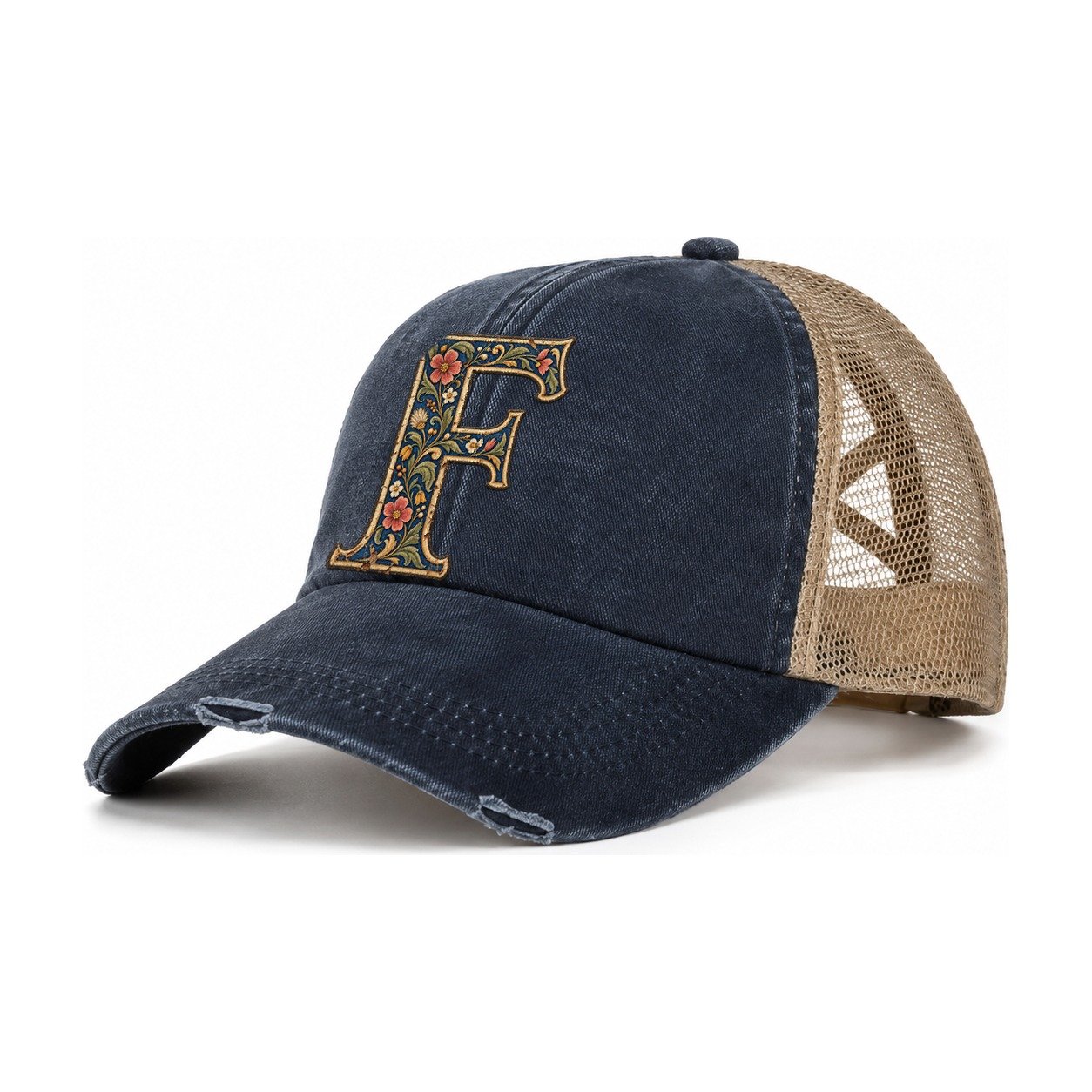 Wildflower F Monogram Women's Ponytail Trucker Hat – Navy Khaki